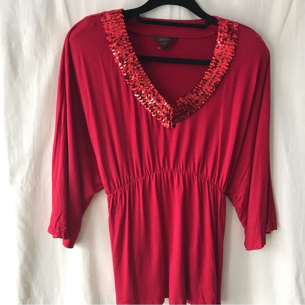 Jessica Image V-Neck, Empire Waist, Plus Size Red Sequin Shirt, Size 2X